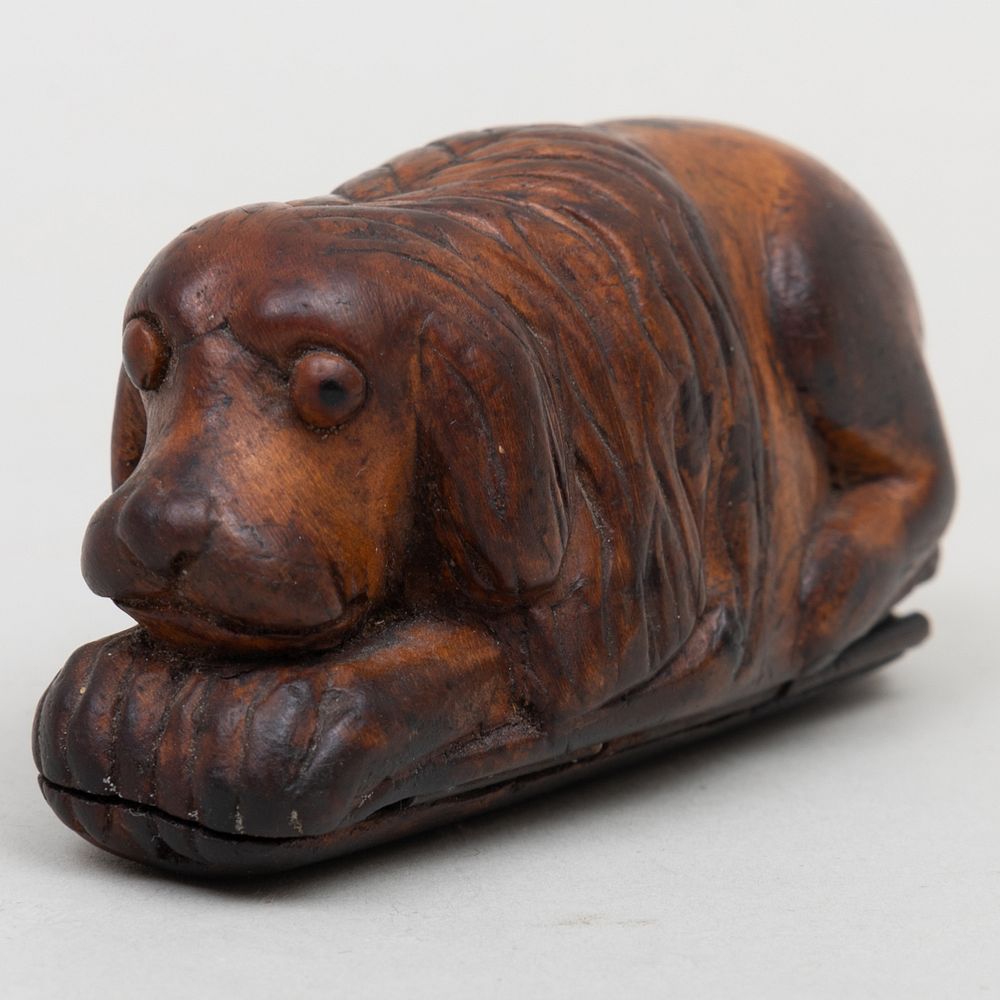 Appraisal: English Carved Wood Dog Form Snuff Box x x in