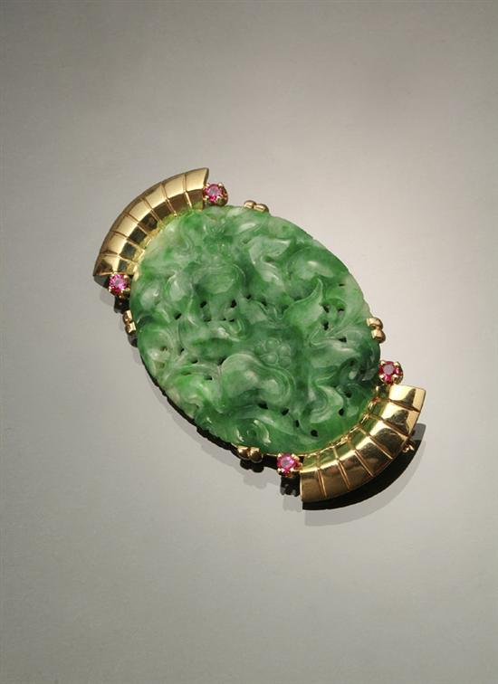 Appraisal: Retro -Karat Yellow-Gold Green Jadeite Jade and Ruby Brooch Tiffany