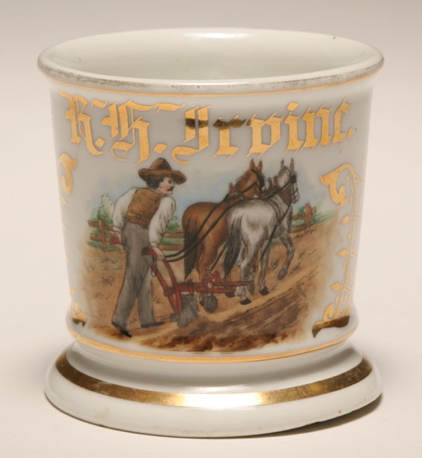 Appraisal: Occupational shaving mug Farmer Horse Drawn Plow Gilt trim Austria