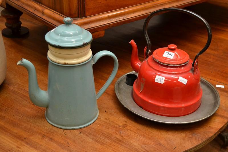 Appraisal: TWO FRENCH ENAMELLED METAL TEAPOTS TWO FRENCH ENAMELLED METAL TEAPOTS