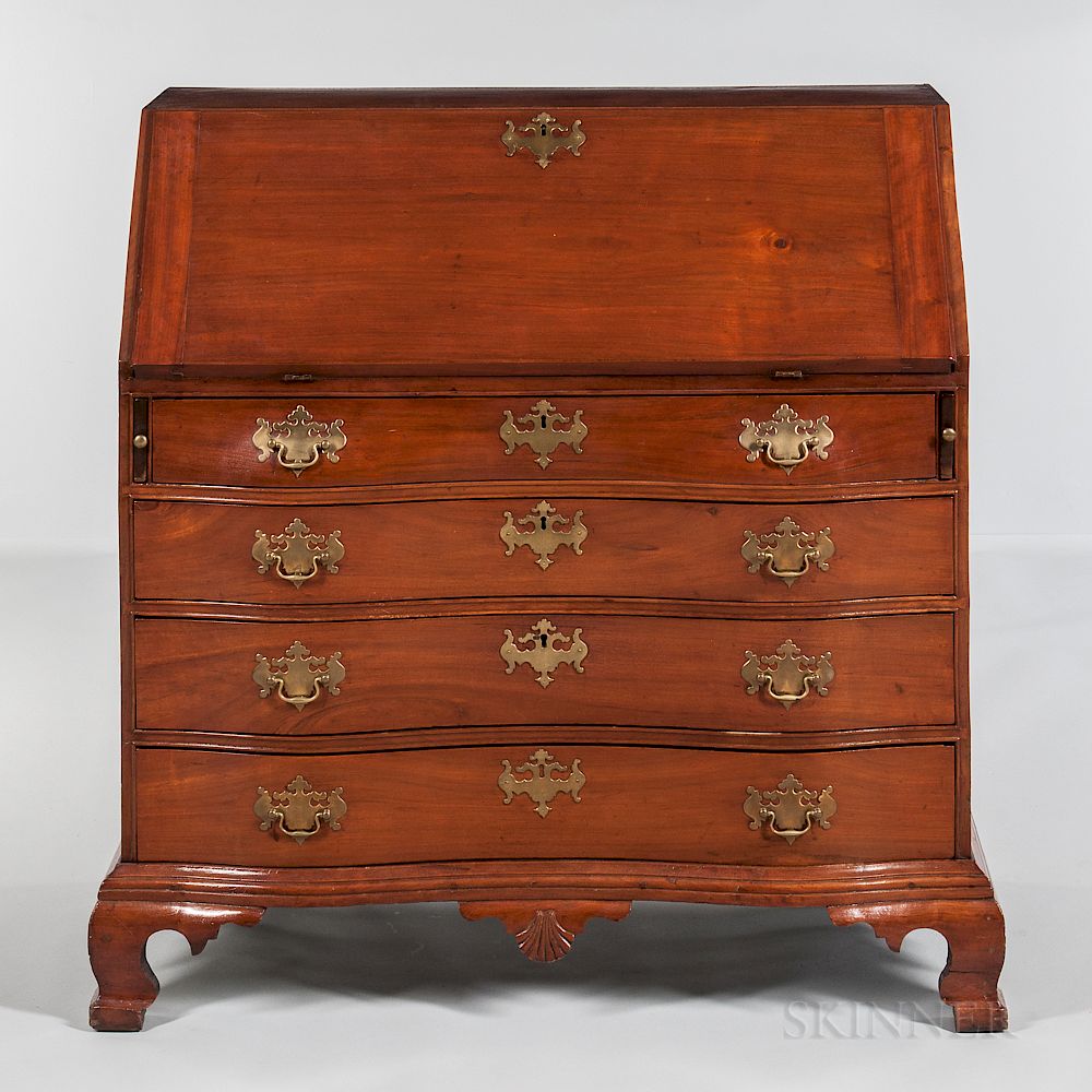 Appraisal: Carved Walnut Serpentine-front Slant-lid Desk Carved Walnut Serpentine-front Slant-lid Desk