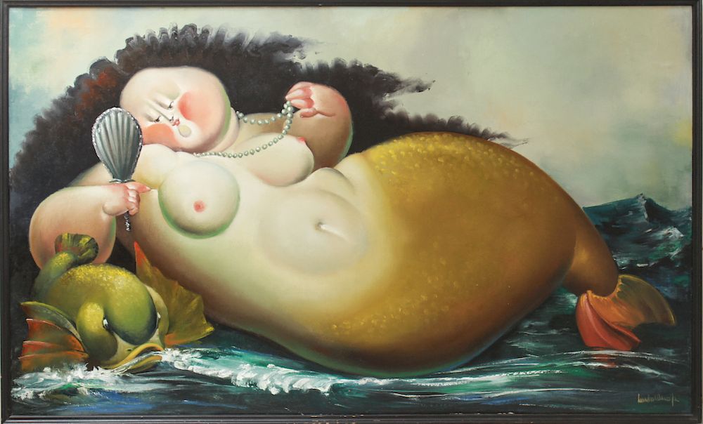 Appraisal: Leandro Valasco Mermaid Dolphin Oil on Canvas Leandro Valasco Colombian