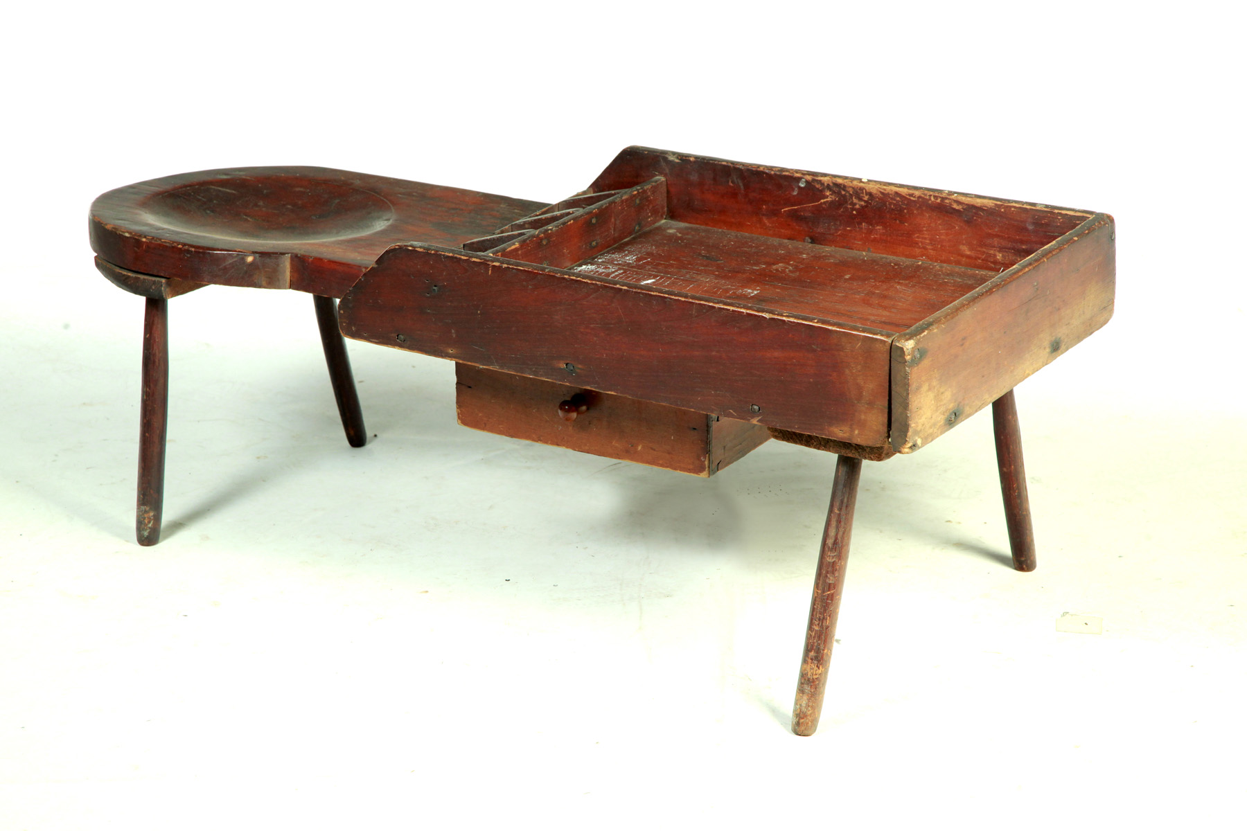 Appraisal: PRIMITIVE COBBLERS' BENCH American nd half- th century Pine Scooped