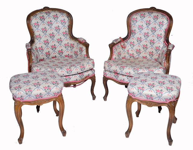 Appraisal: A PAIR OF FRENCH BEECHWOOD AND UPHOLSTERED FAUTEILS and matching