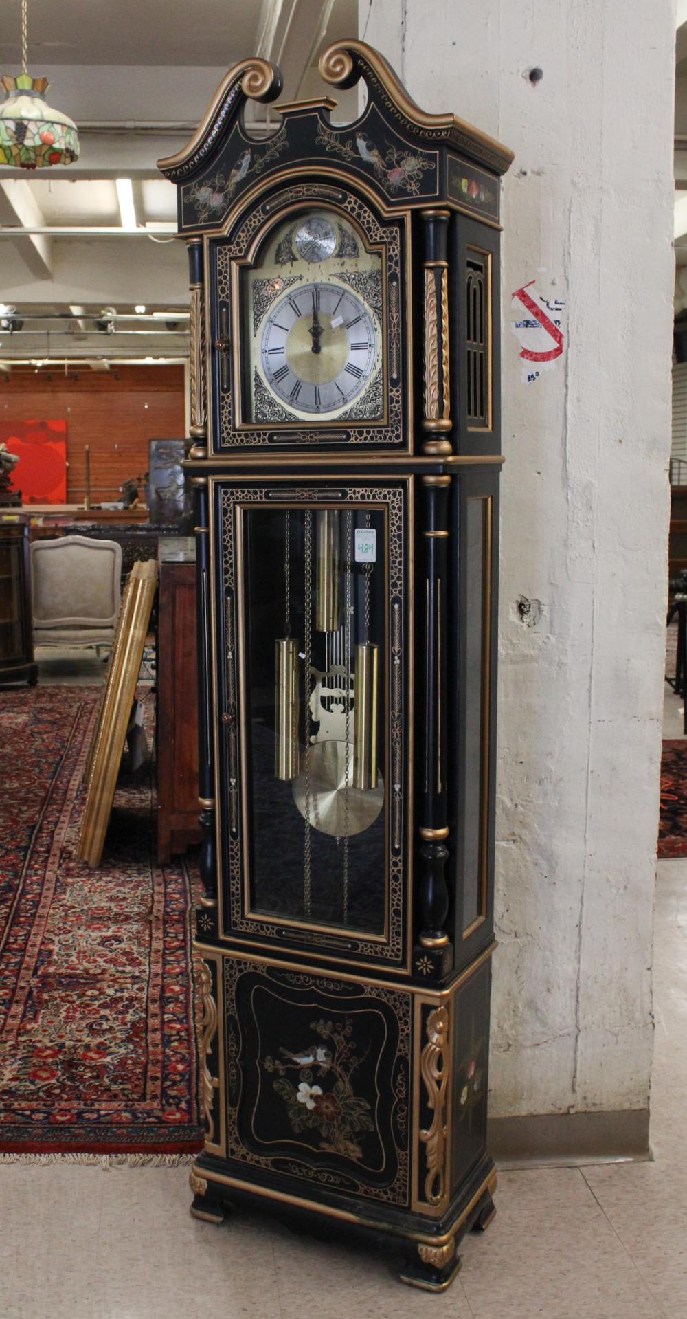 Appraisal: EBONIZED TALL CASE FLOOR CLOCK with bird and flower motif