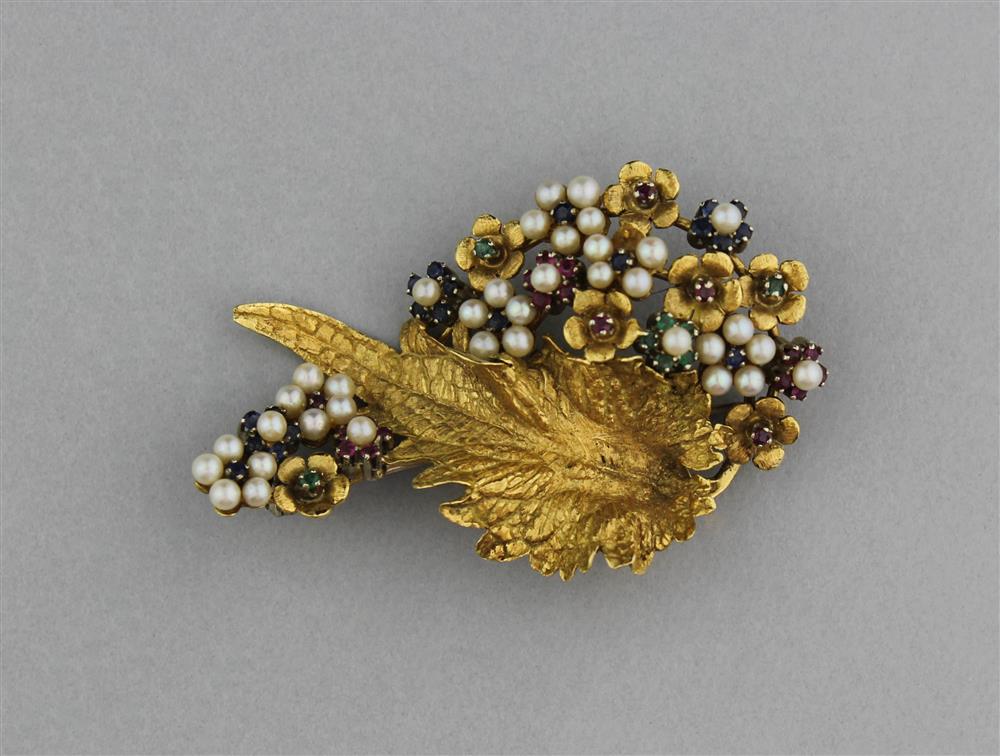 Appraisal: VINTAGE K YELLOW GOLD STYLIZED LEAF BROOCH WITH PEARL RUBY