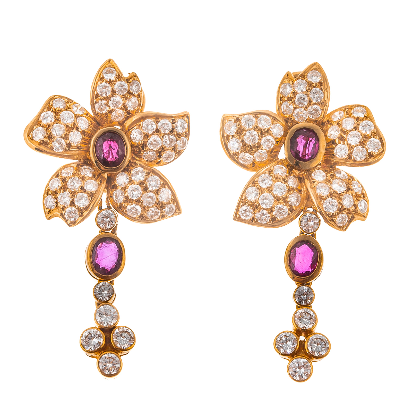 Appraisal: A PAIR OF K DIAMOND RUBY FLOWER DROP EARRINGS K