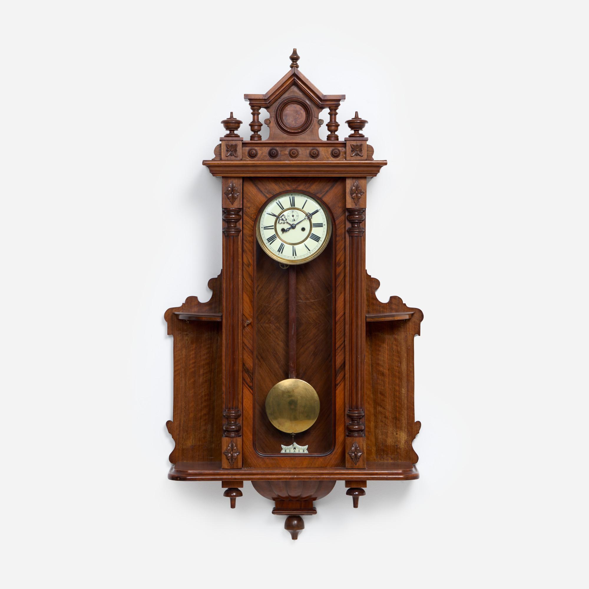 Appraisal: WALNUT WALL CLOCK CA An antique walnut wall clock hand-painted