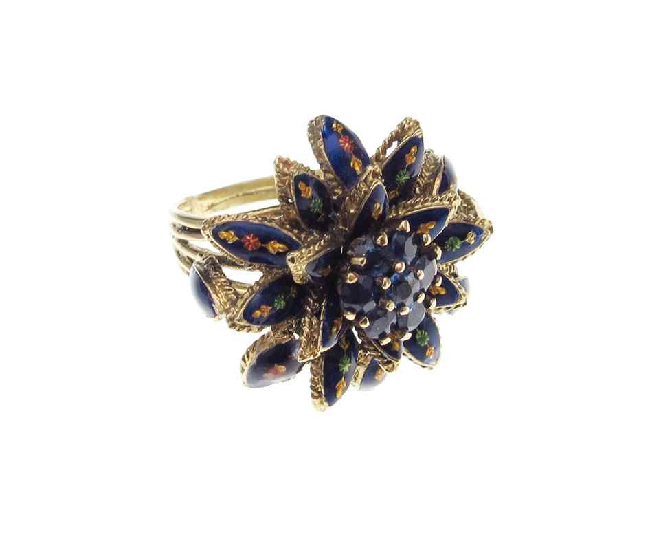 Appraisal: K ENAMEL AND SAPPHIRE RING K yellow gold ring contains