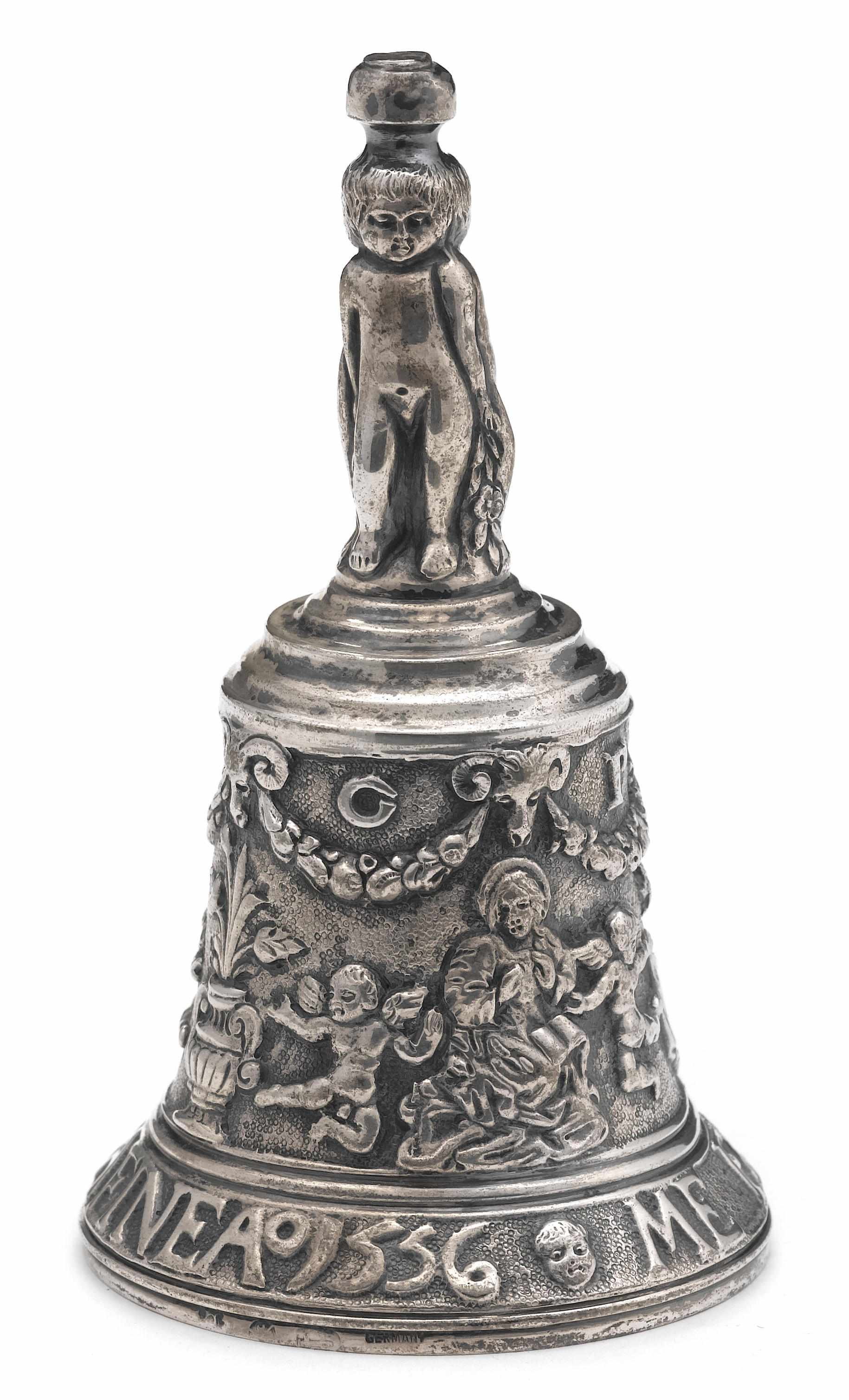 Appraisal: A German silver antique reproduction figural table bell Maker untraced