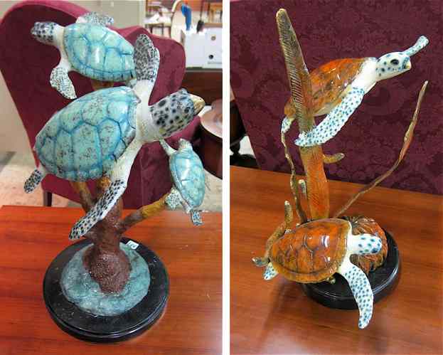 Appraisal: TWO BRONZE MARINE WILDLIFE SCULPTURES both sea turtle groups Heights