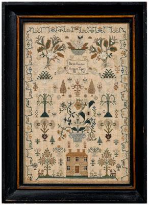 Appraisal: British house sampler finely stitched two-story house flanked by reclining