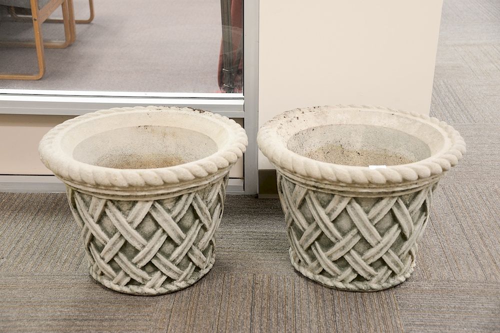 Appraisal: Pair of Nina Studio cement planters basket weave pattern ht