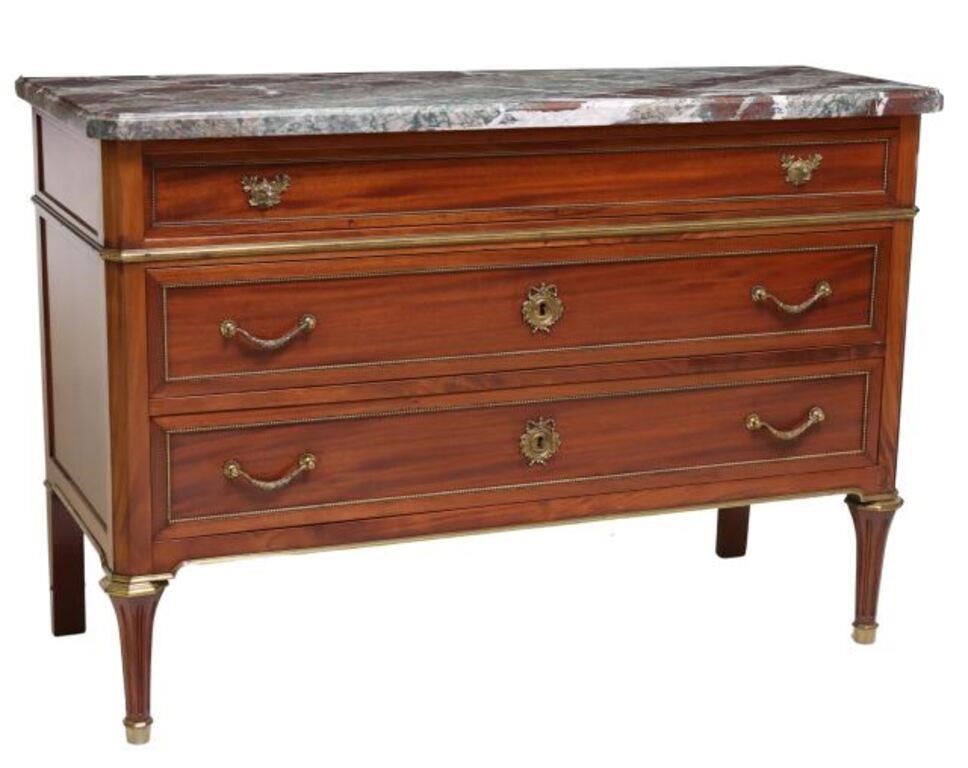 Appraisal: FRENCH LOUIS XVI STYLE MAHOGANY MARBLE-TOP COMMODEFrench Louis XVI style