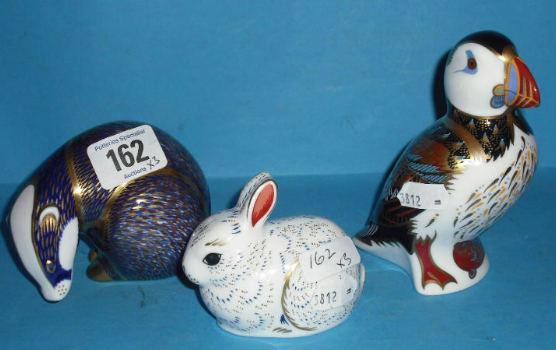 Appraisal: Royal Crown Derby Paperweights Puffin Badger And Bunny