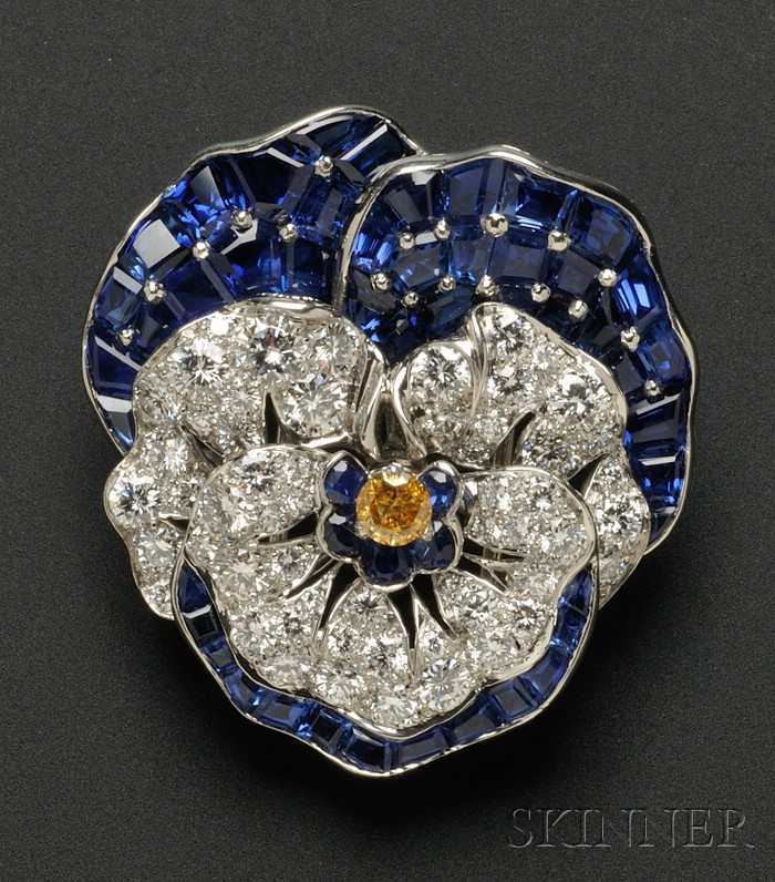 Appraisal: Sapphire Diamond and Colored Diamond Pansy Clip Brooch Oscar Heyman