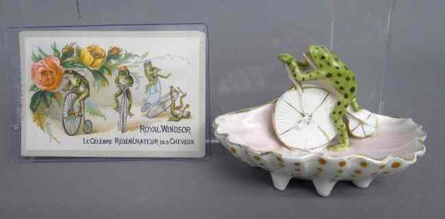 Appraisal: Small frog on highwheel pin tray and trade card Good