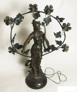 Appraisal: August Moreau Art Nouveau Figural Lamp Patinaed cast metal Titled