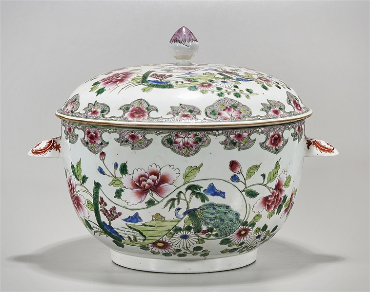 Appraisal: Chinese enameled porcelain covered turee with flower decoration x x