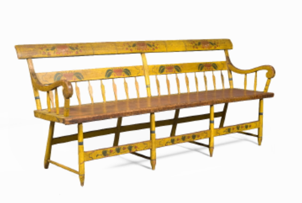 Appraisal: AMERICAN YELLOW-PAINTED AND DECORATED ARROW-BACK WINDSOR SETTEE CIRCA With free-hand