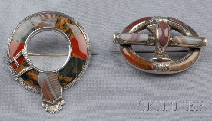 Appraisal: Two Victorian Silver and Scottish Agate Brooches one with shaped