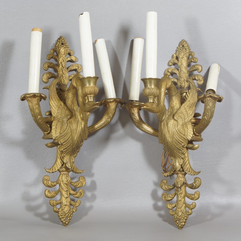 Appraisal: Pr gilt bronze swan form arm electric wall sconces back