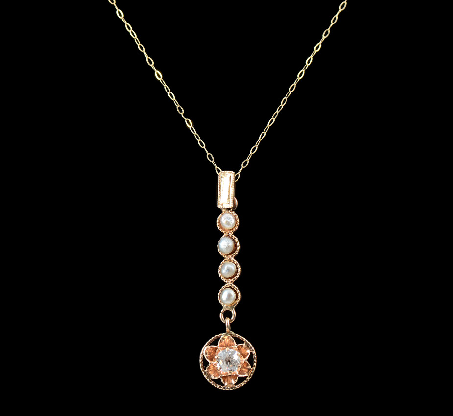 Appraisal: K GOLD PEARL AND DIAMOND LAVALIER NECKLACE The slide pendant