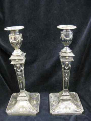 Appraisal: Pair of English Silverplate Candlesticks classical column urn decor ''