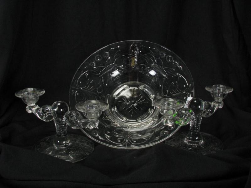 Appraisal: Antique clear pattern glass -inch console bowl with pair of