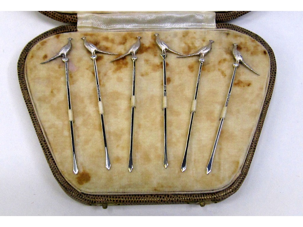 Appraisal: Cased set of six novelty silver cocktail sticks with pheasant