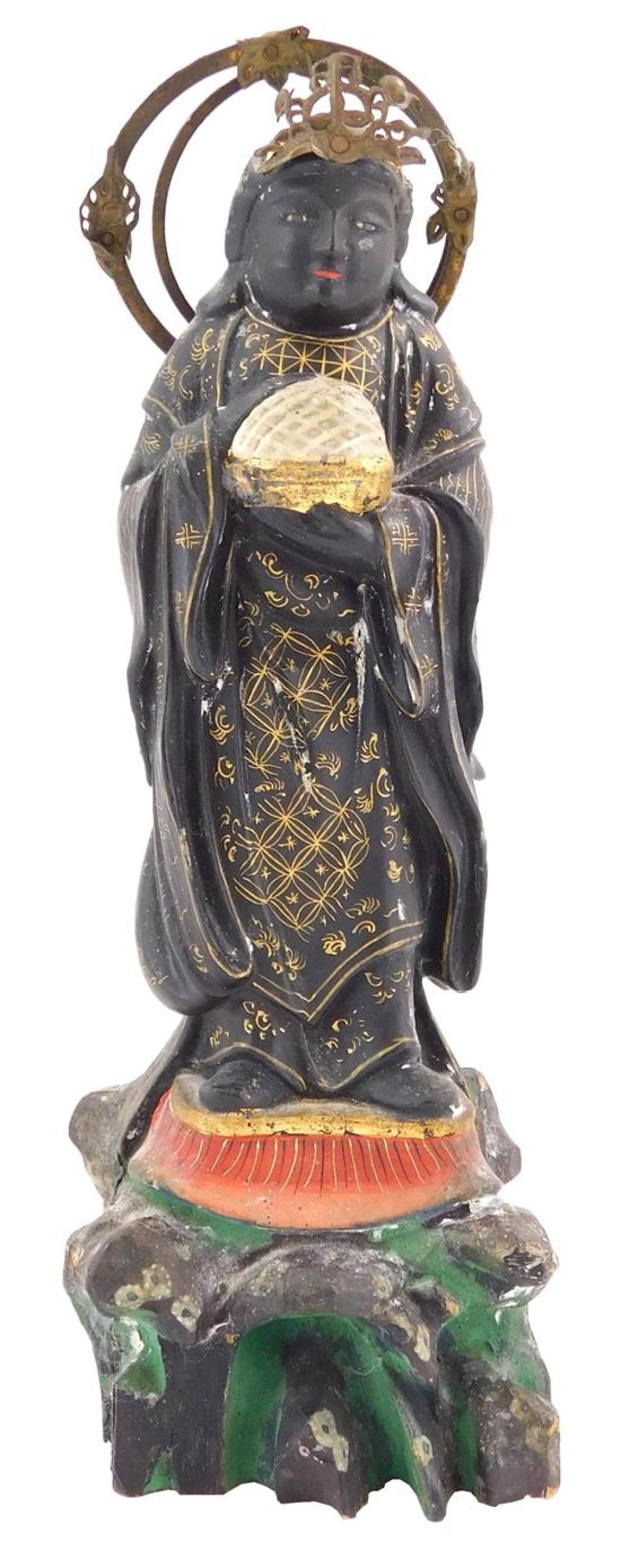 Appraisal: ASIAN Carved wood deity figure with mounted metal accents and