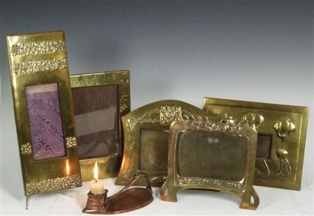 Appraisal: SCOTTISH SCHOOL FIVE ARTS CRAFTS STRUT PHOTO FRAMES CIRCA brass