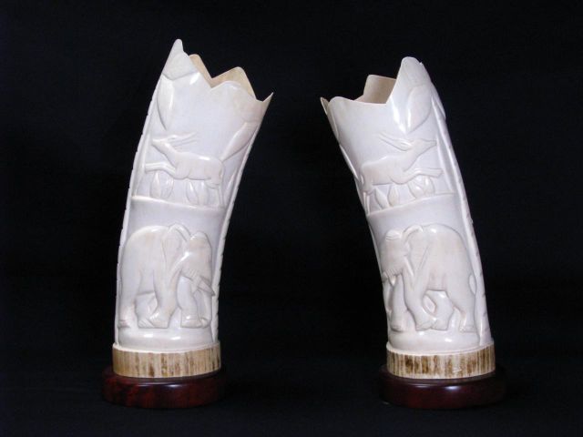 Appraisal: Pair of Carved Ivory Tusks with figural and animal carvings