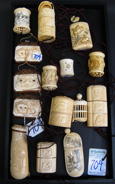 Appraisal: COLLECTION FIFTEEN INRO PLAQUES CRICKET CAGES of ivory and some