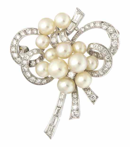 Appraisal: A Platinum Cultured Pearl and Diamond Bow Brooch Circa containing