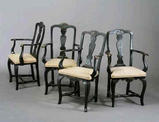 Appraisal: A Set of Four Scandinavian Rococo Ebonized Armchairs th century