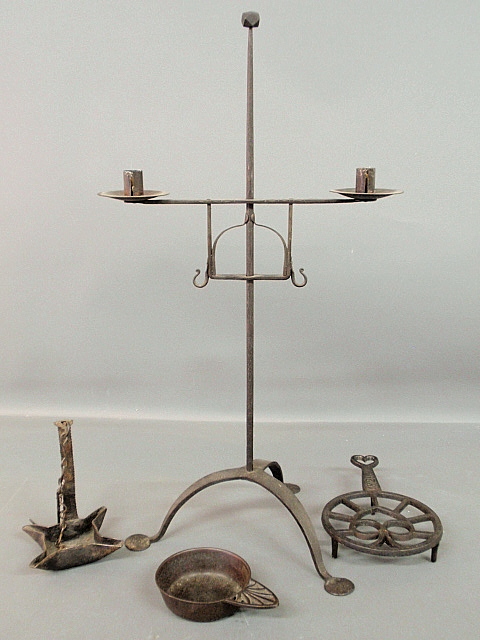 Appraisal: - Group of ironware- hanging fat lamp h Kenrick No