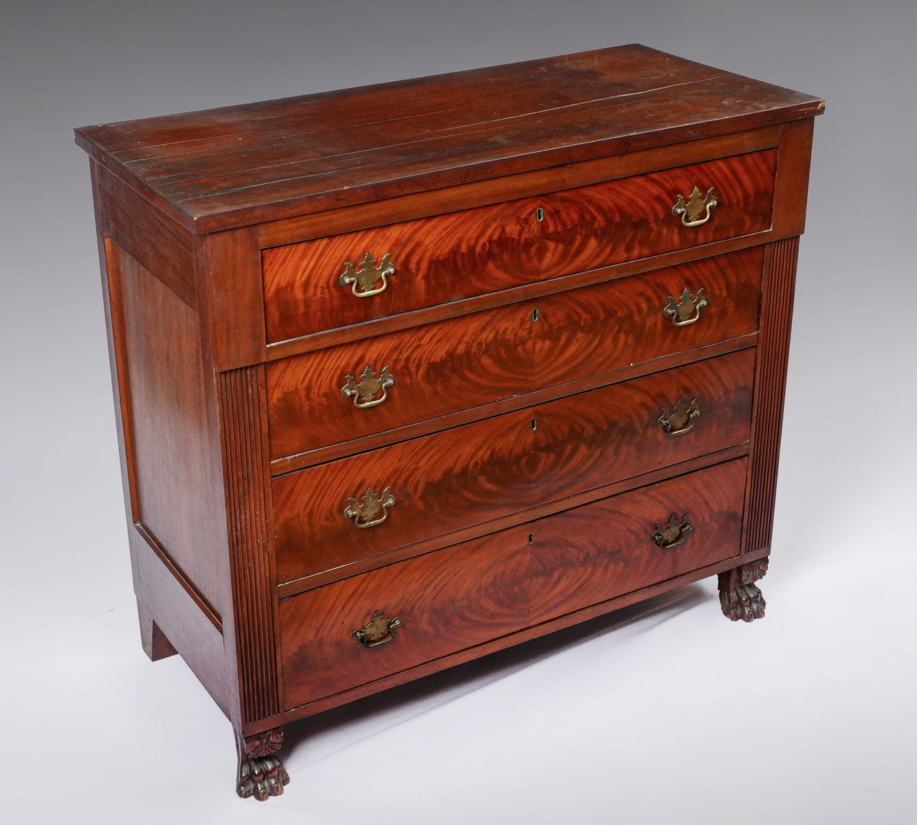 Appraisal: DRAWER BOOK MATCH VENEERED CLAWFOOT CHEST drawer chest having book