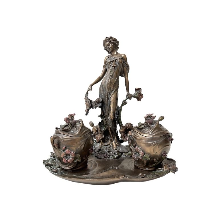 Appraisal: Bronze Woman Figurine Lily Pond Trinket Boxes Vintage Veronese Bronze