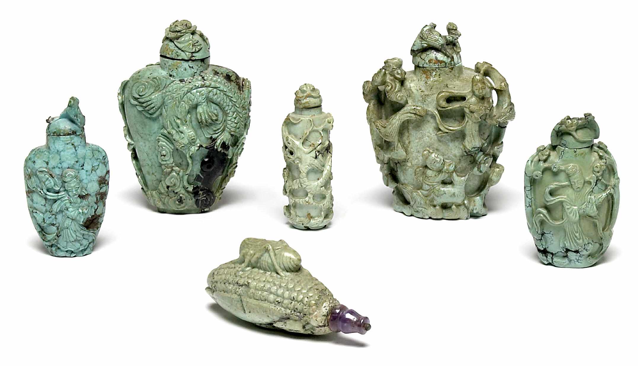 Appraisal: A group of six Chinese carved turquoise snuff bottles late