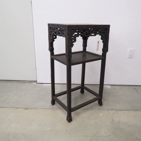 Appraisal: Chinese Carved Wooden Stand red marble insert lower shelf tall