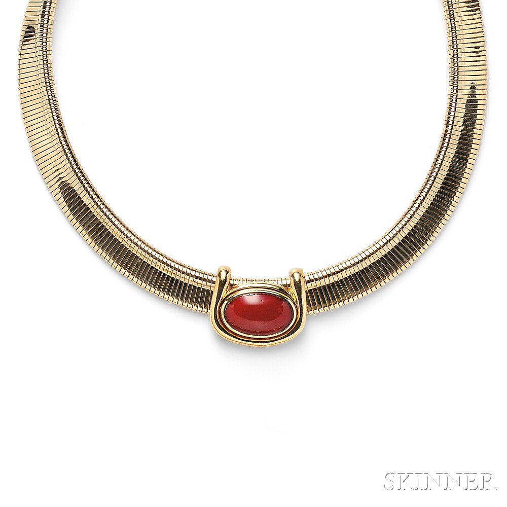 Appraisal: Gold and Coral Necklace the wide kt tubogas collar with