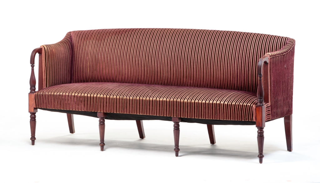 Appraisal: AMERICAN SHERATON SOFA Second quarter th century mahogany Reeded curved