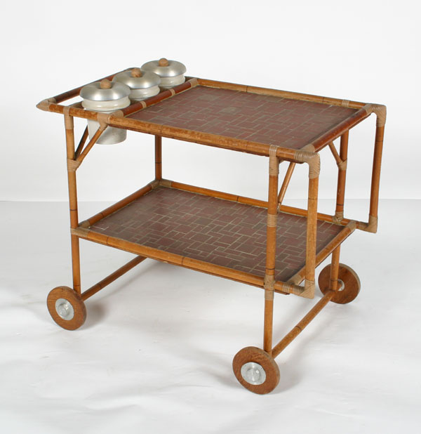 Appraisal: Russel Wright wrapped rattan tea cart faux tile brick shelf