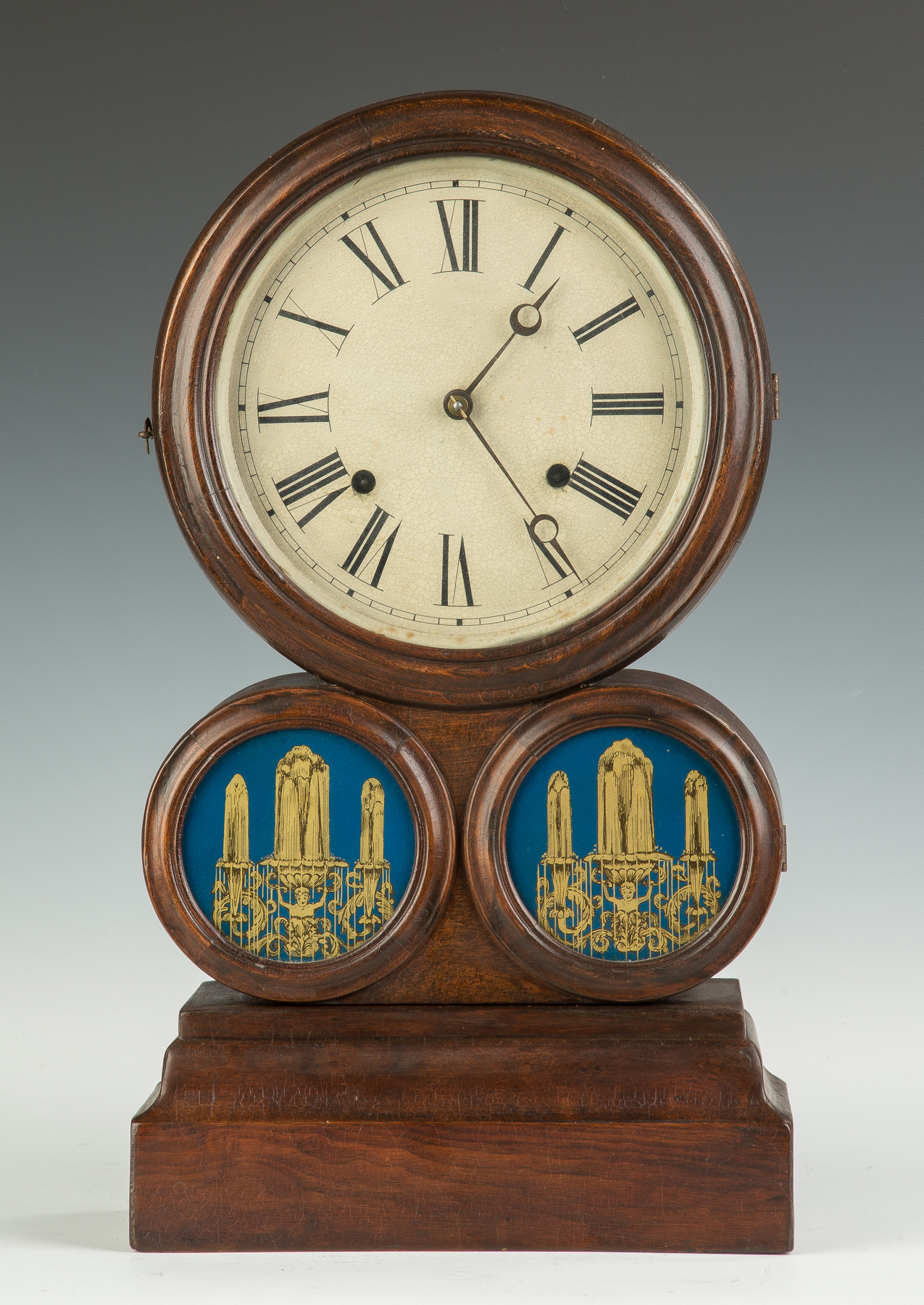 Appraisal: E Ingraham Spectacle Shelf Clock Walnut case Repainted dial Original