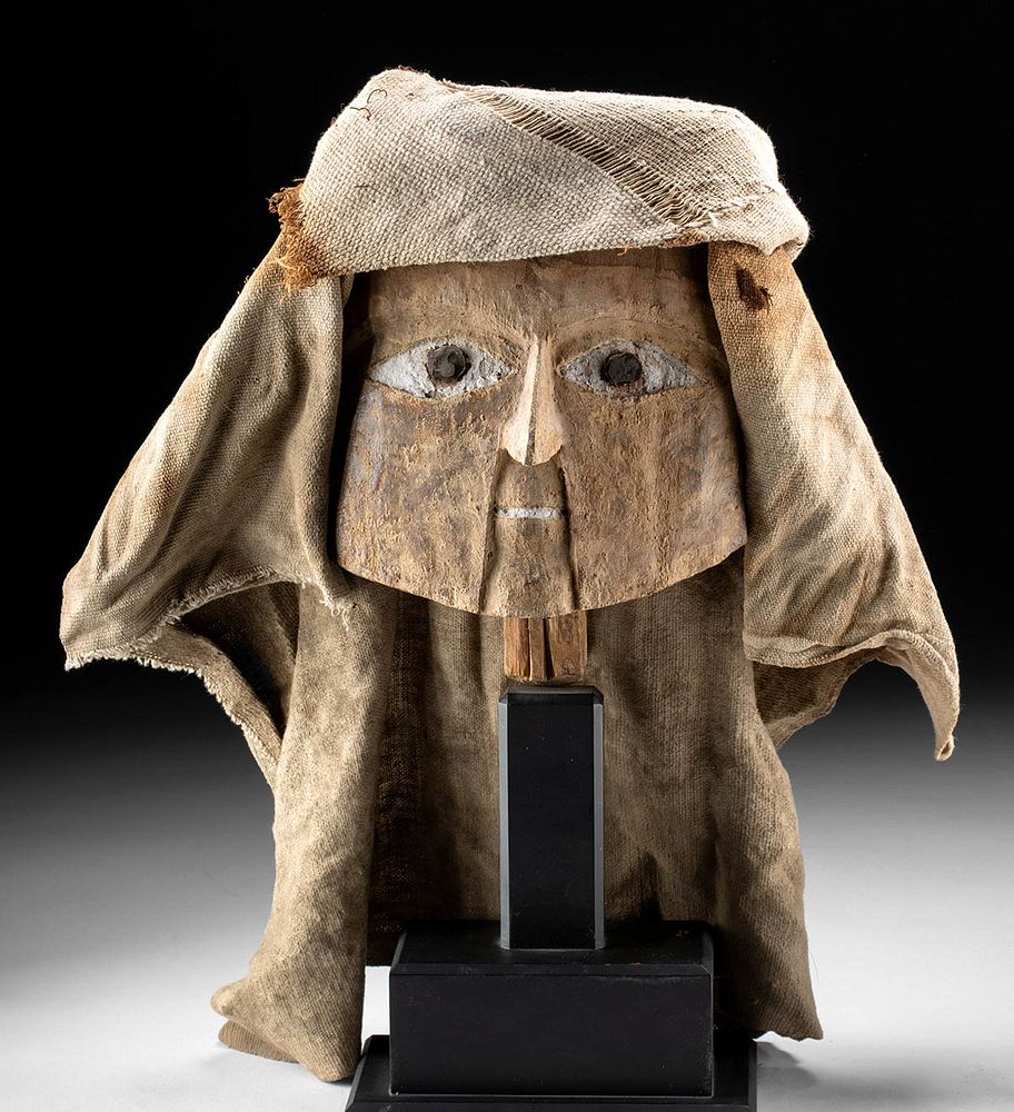 Appraisal: Chancay Wood Mummy Mask w Textile Headdress Pre-Columbian Central Coast