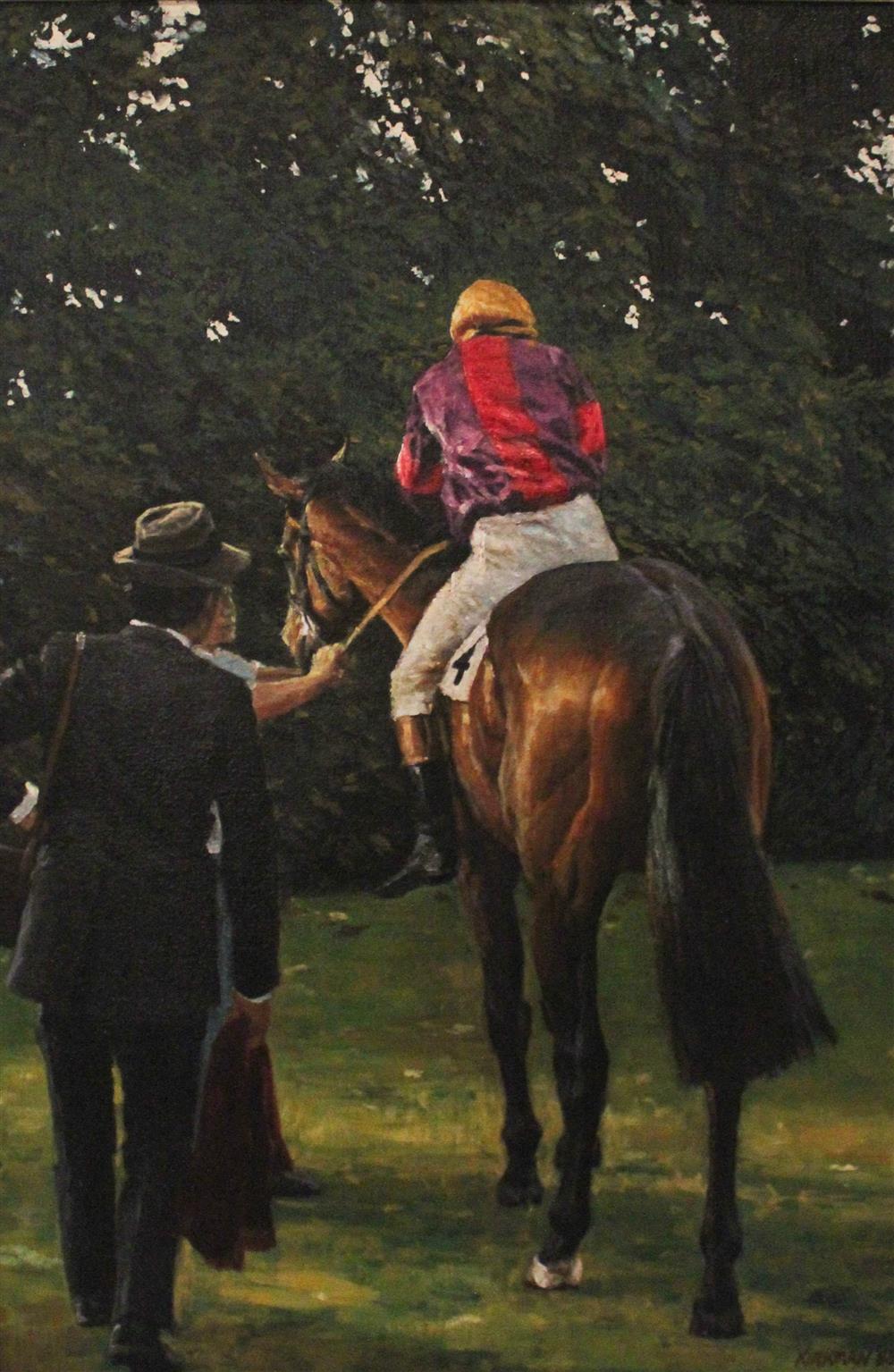 Appraisal: JAY BOYD KIRKMAN BRITISH - UNSADDLING AT WINDSOR Oil on