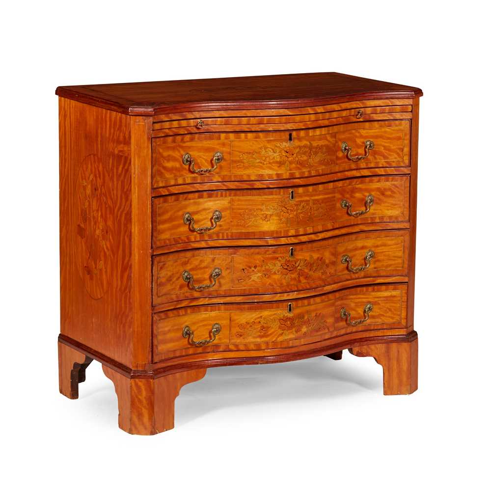 Appraisal: GEORGIAN STYLE SATINWOOD AND MARQUETRY SERPENTINE CHEST OF DRAWERS LATE