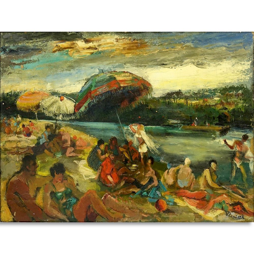 Appraisal: th Century Oil on Canvas Beachgoers Bears signature lower right