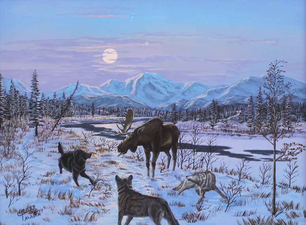 Appraisal: WOLVES ATTACKING MOOSE PAINTING ALASKA Oil Masonite '' x ''